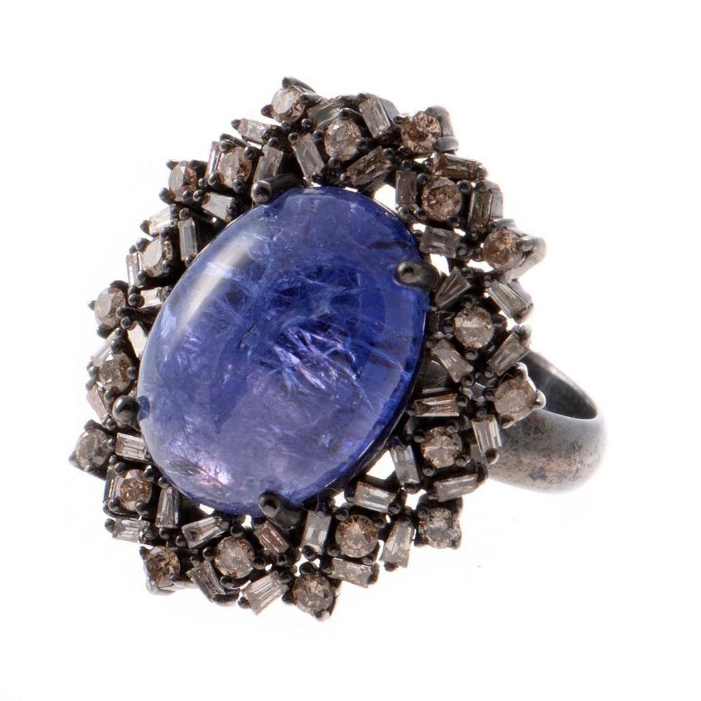 Appraisal: Tanzanite diamond blackened silver ring oval cabochon tanzanite weighing approximately