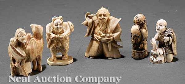 Appraisal: A Group of Five Japanese Ivory Figural Netsuke including an