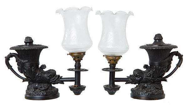 Appraisal: A PAIR OF BRONZE COLZA LAMPS Of rhyton form with