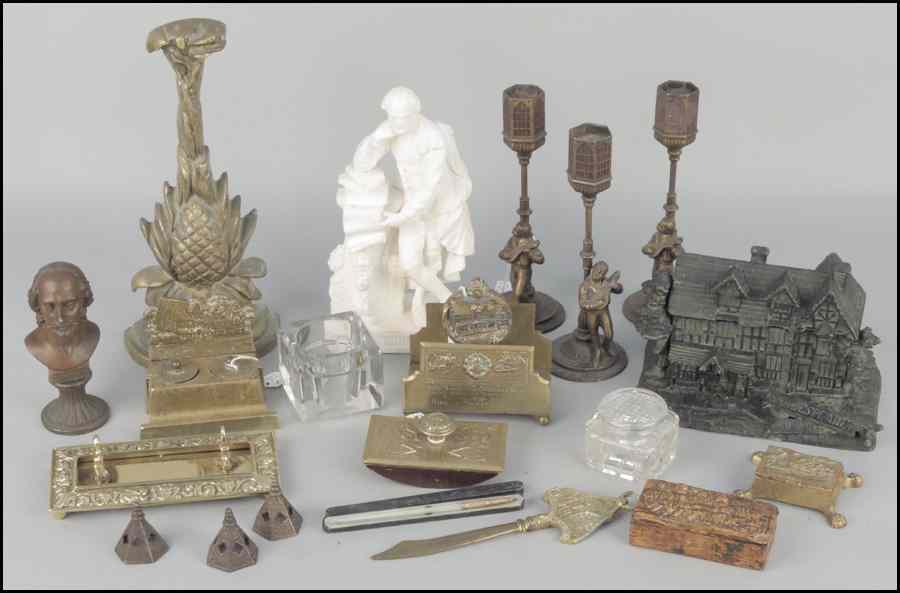 Appraisal: SHAKESPEARE MOTIF DESK SET Comprised of two metal inkwell stands