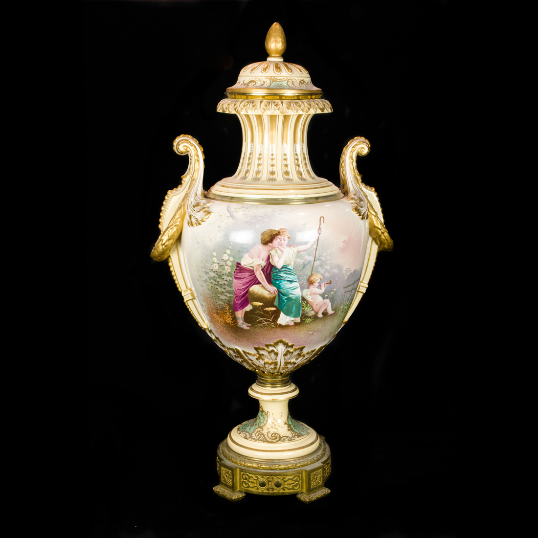 Appraisal: AN IMPOSING SEVRES STYLE GILT BRONZE MOUNTED EARTHENWARE URN An