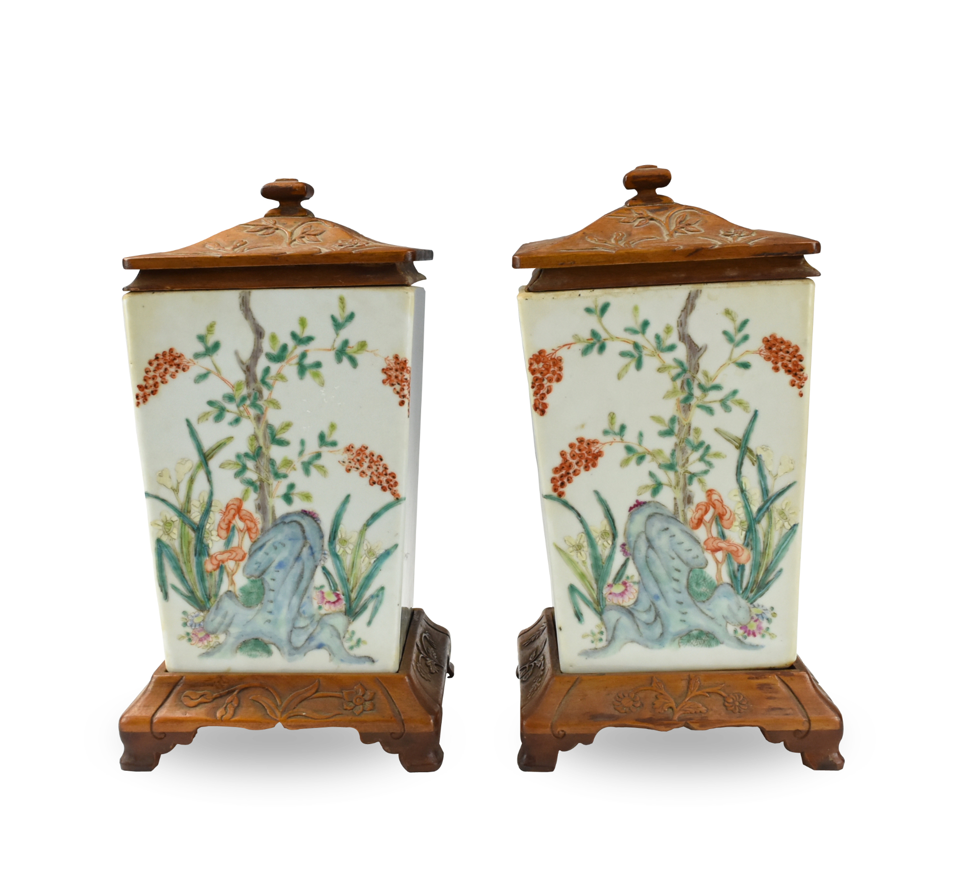 Appraisal: PAIR OF FAMILLE ROSE SQUARE JAR WITH COVER STAND Chinese