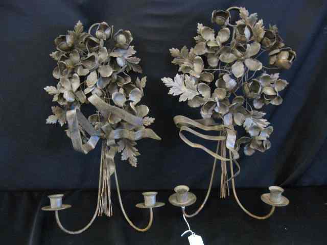 Appraisal: Pair of Fancy Metalwork Sconces floral box design double sconce