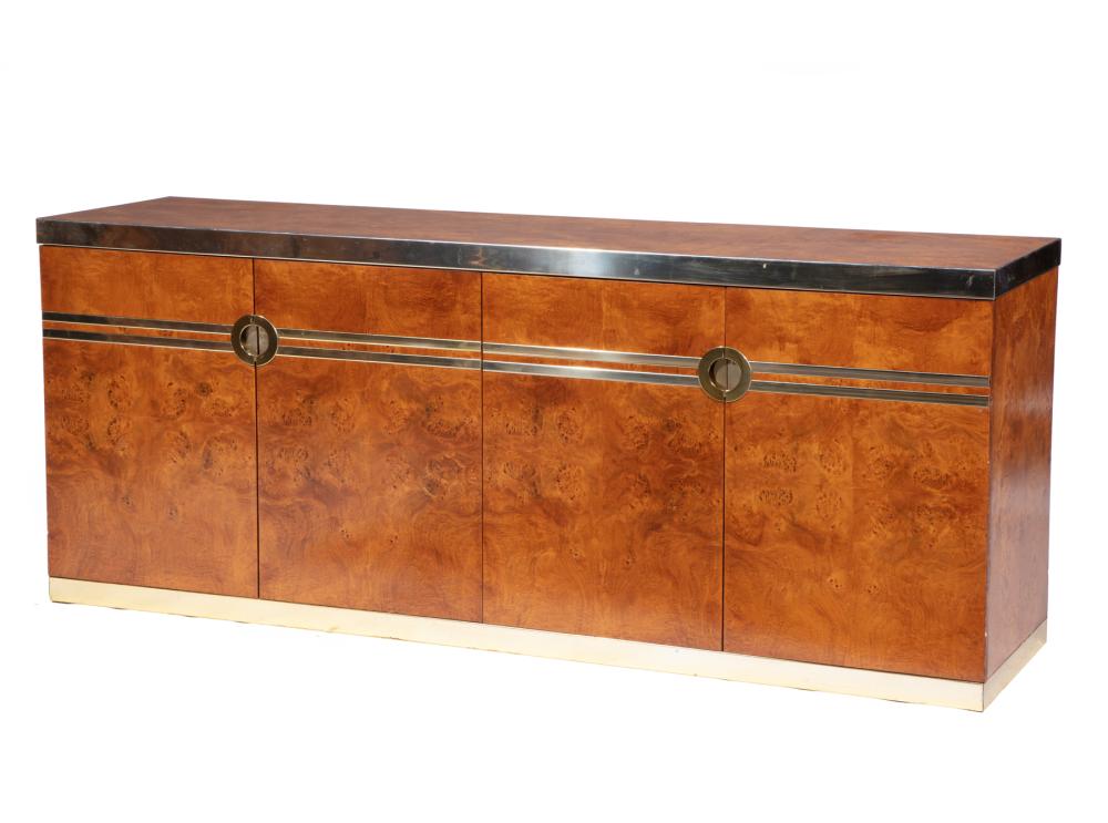 Appraisal: Pierre Cardin Brass-Mounted Burl Wood Sideboard signed banded case four