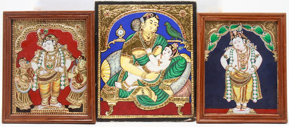 Appraisal: Indian Rajasthani Deities Tempera Gilt Panel Indian Rajasthani bas-relief Deities