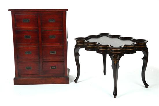 Appraisal: CHEST OF DRAWERS AND TABLE Twentieth century Campaign-style Asian chest