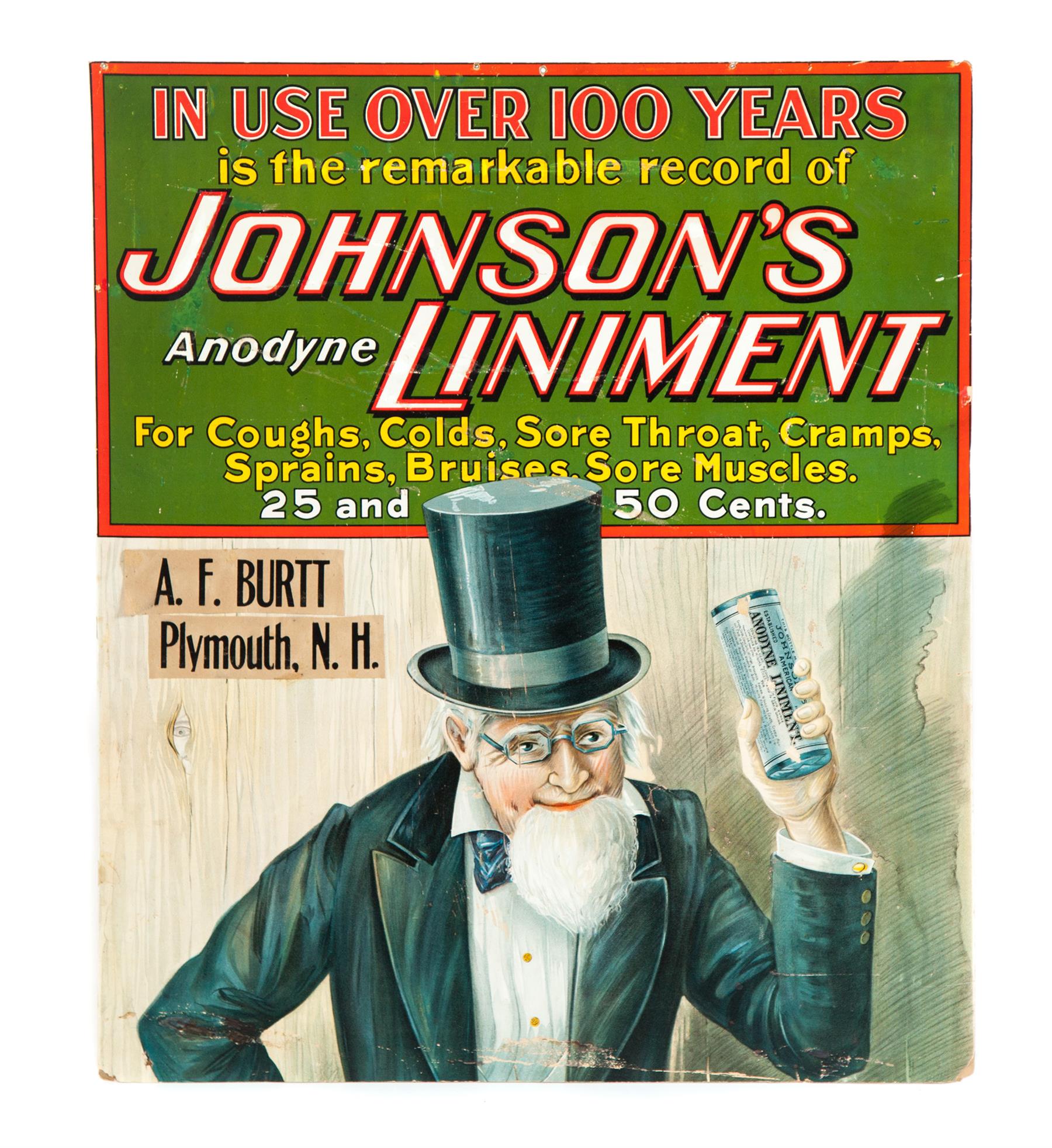 Appraisal: JOHNSON'S LINIMENT SIGN American th century Cardboard sign advertising Johnson's