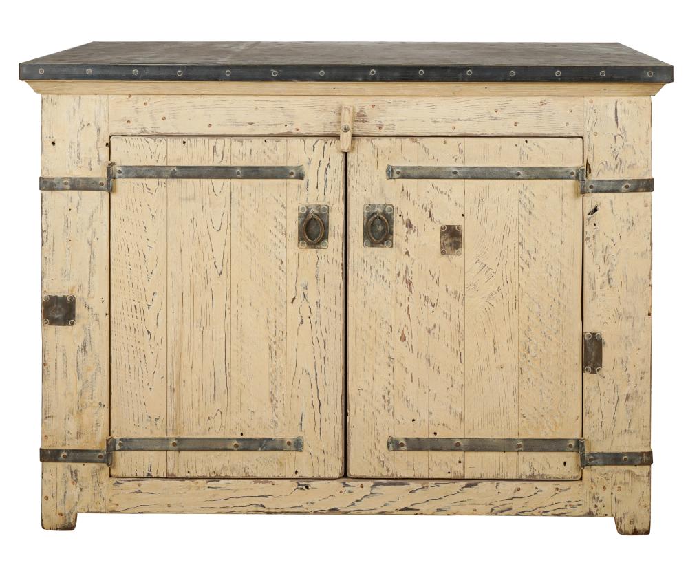 Appraisal: RUSTIC SIDE CABINETpainted wood with metal-wrapped top inches wide inches