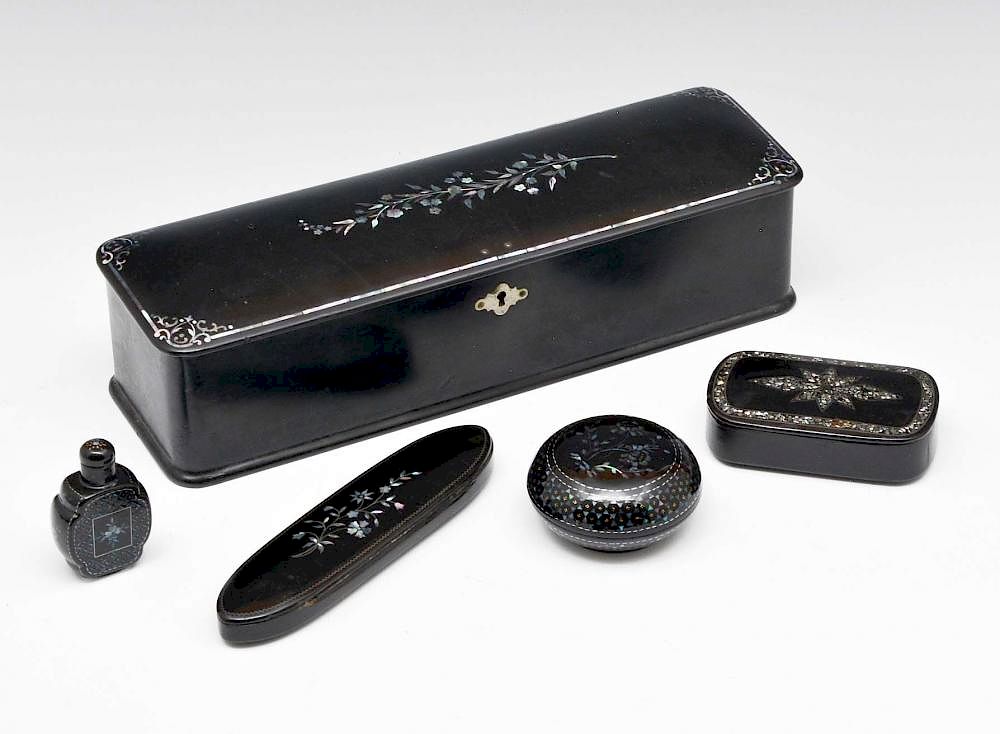 Appraisal: Grouping of four English black lacquer boxes Grouping of four