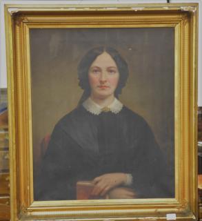 Appraisal: Framed Victorian oil on canvas bust of a woman holding