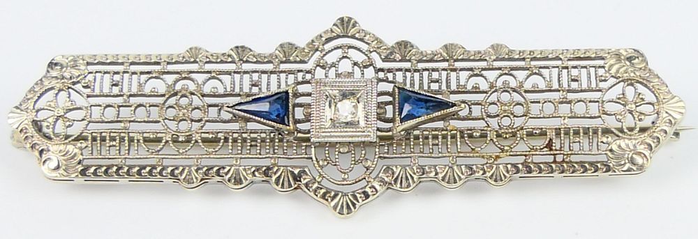 Appraisal: ORIGINAL DECO DIAMOND SAPHIRE KT BROOCH Measures about across marked