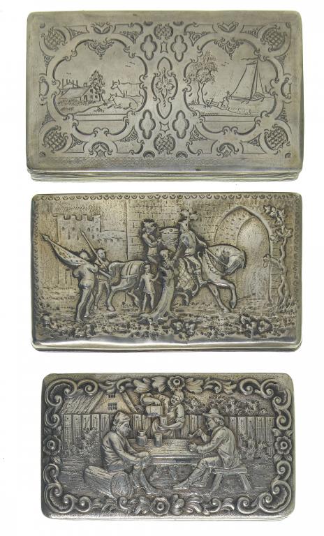 Appraisal: THREE DUTCH SILVER TOBACCO BOXES the lids chased or engraved