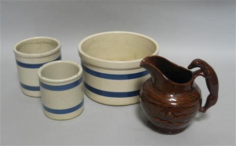 Appraisal: THREE ROSEVILLE STONEWARE CROCKS Printed marks no 's -D E