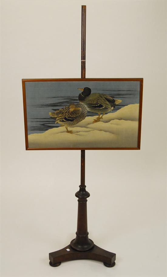 Appraisal: JAPANESE WOVEN SILK FRAMED TABLE SCREEN circa depicting mallard ducks