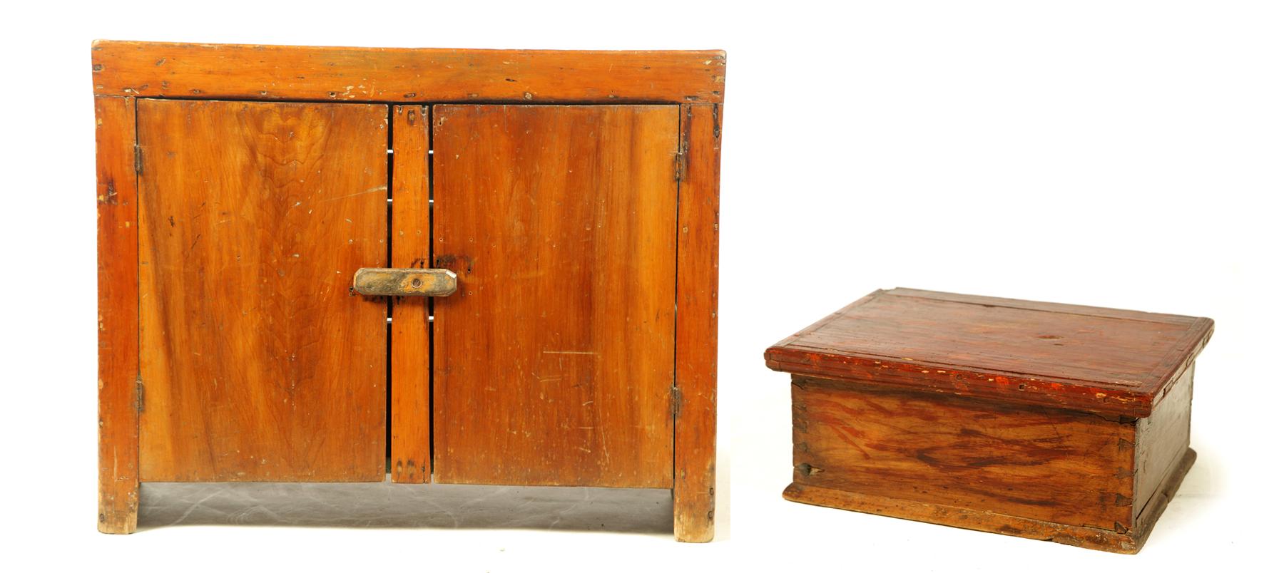 Appraisal: DRY SINK AND DECORATED BOX Pennsylvania th century pine Diminutive