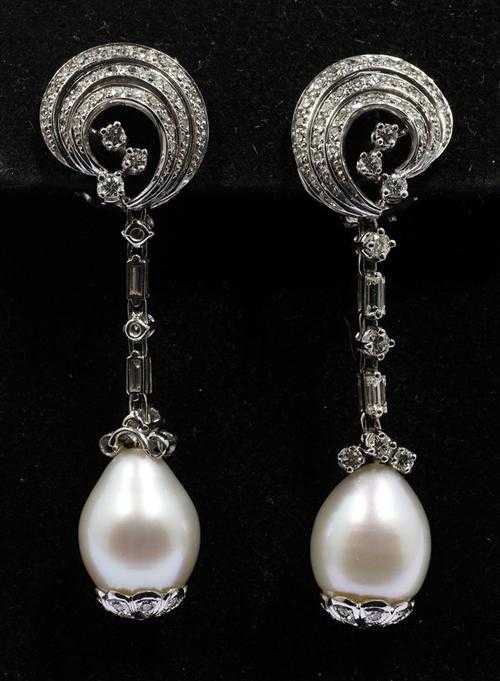 Appraisal: PEARL AND DIAMOND PENDANT EARRINGS White gold Fancy clip earrings