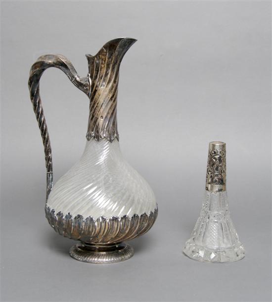 Appraisal: A Silverplate Mounted Glass Ewer and Perfume Bottle Height of