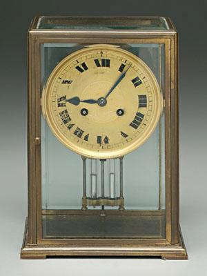 Appraisal: Tiffany shelf clock brass case with beveled glass panels face