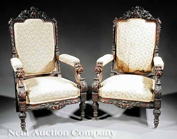 Appraisal: A Pair of American Rococo Carved Rosewood Armchairs mid- th