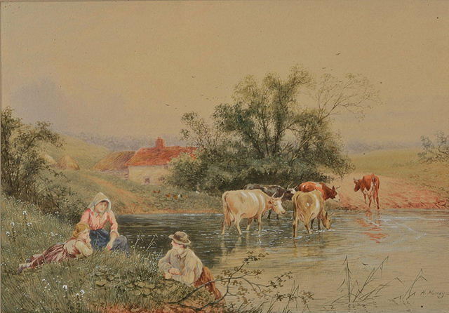 Appraisal: H MURRAY fl - cattle watering at a pool with