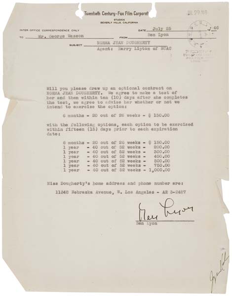 Appraisal: MARILYN MONROE Internal memo from Ben Lyon to George Wasson