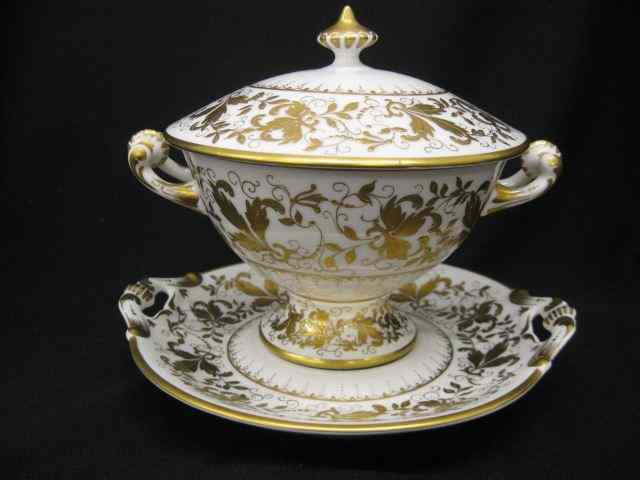 Appraisal: Fine French Porcelain Covered Dish andUndertray elaborate goldwork '' diameter