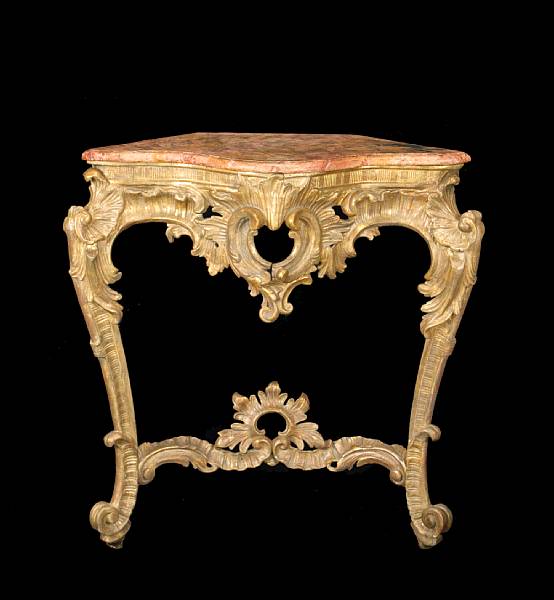 Appraisal: A pair of Italian Rococo giltwood and faux marble corner