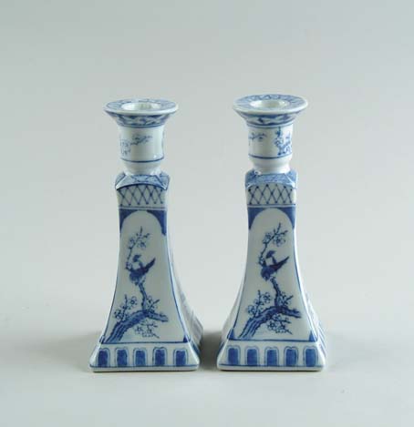 Appraisal: PAIR OF BLUE AND WHITE PORCELAIN CANDLESTICKS th Century Oriental