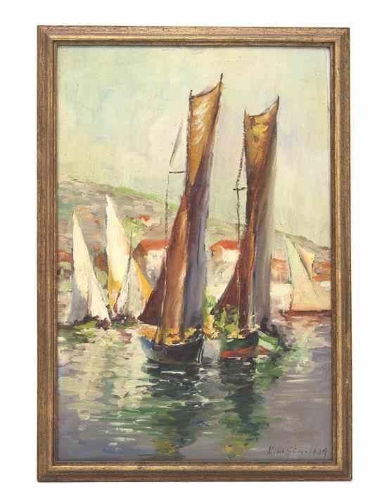 Appraisal: C Olsen th century Sailboats oil on board signed C