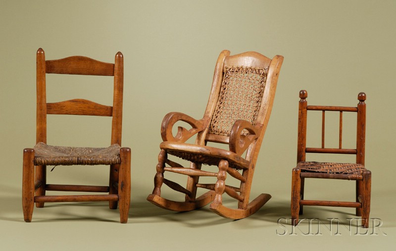 Appraisal: Three American Country Doll Chairs th century including a yoke-back