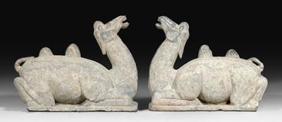 Appraisal: Pair Chinese stone camels white-veined gray stone recumbent bactrians with