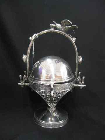 Appraisal: Victorian Silverplate Butter Dish figural bird finial basket handle ''