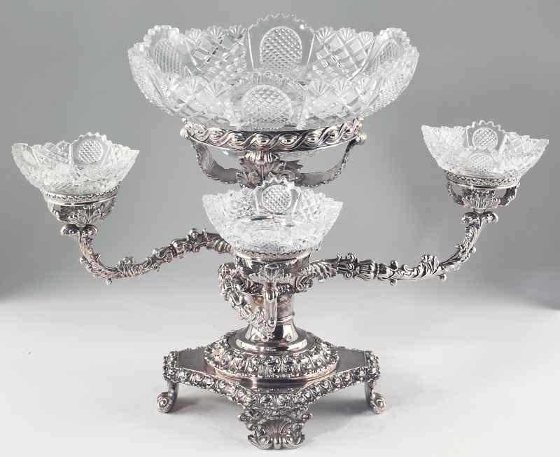 Appraisal: Victorian Silverplate Epergneunmarked likely English allover scrolled floral and acanthus