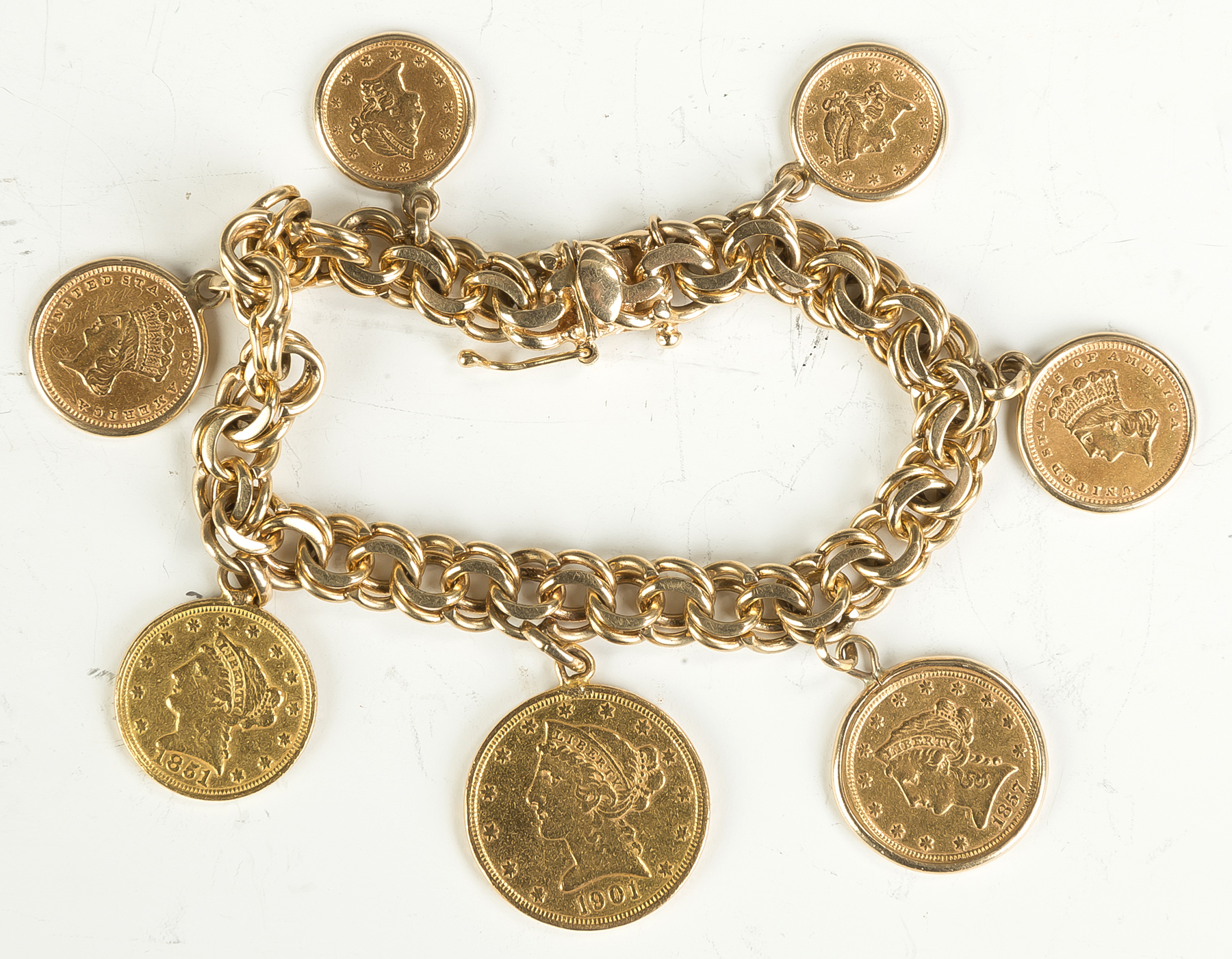 Appraisal: k Gold Bracelet with Gold Coins Larger coins dated coins