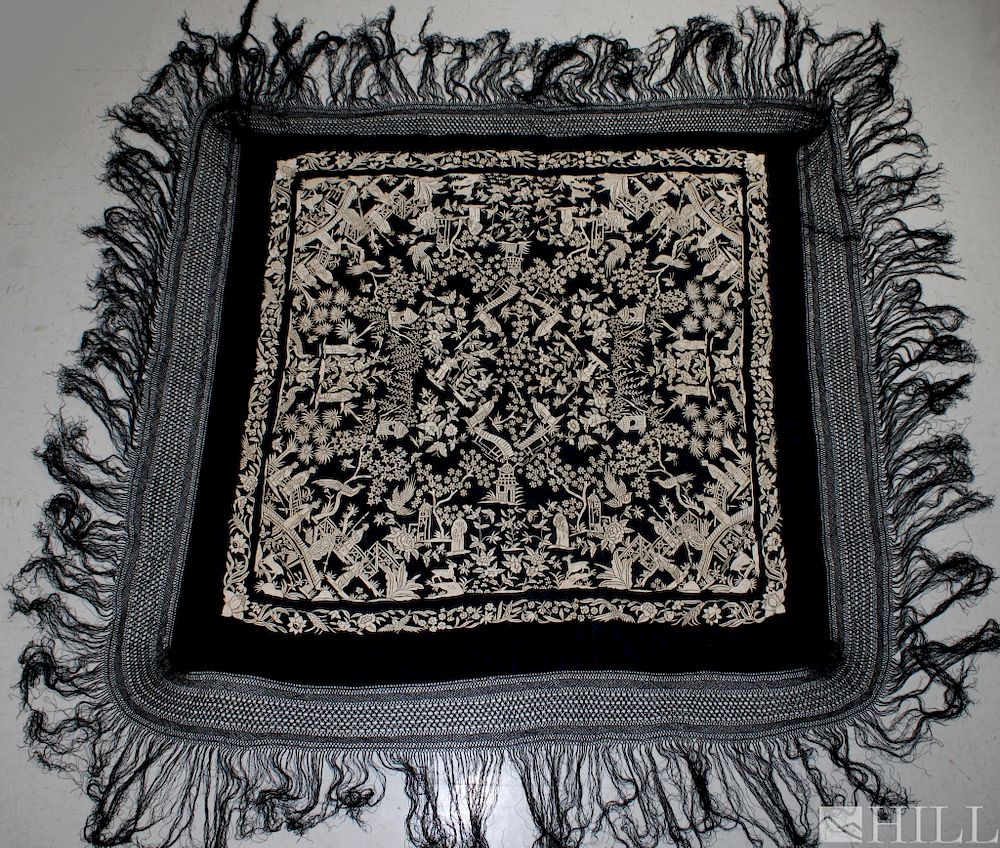 Appraisal: C Spanish Black Fringe Silk Mantilla Scarf Veil Mantilla Scarf