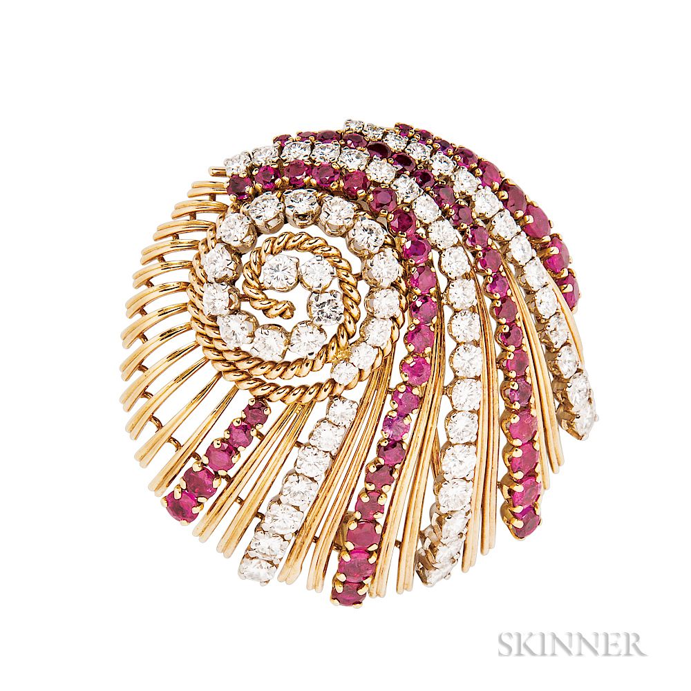 Appraisal: kt Gold Ruby and Diamond Clip Brooch kt Gold Ruby