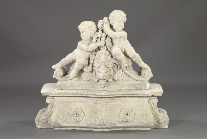 Appraisal: Semi-Antique Cast-Stone Two-Part Garden Fountain the upper section featuring frolicking