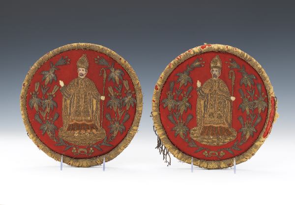 Appraisal: TWO SPANISH COLONIAL VERMEIL GOLD ON SILVER ECCLESIASTICAL EMBROIDERY CIRCLES