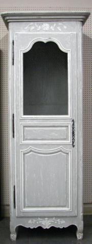 Appraisal: Country French single-door cupboard faux-distressed blue-gray painted finish wire insert