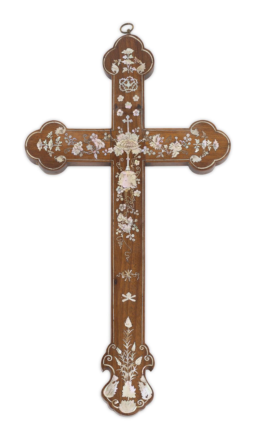 Appraisal: EXPORT MOTHER-OF-PEARL INLAID WOOD CROSS POSSIBLY MACAU TH TH CENTURY