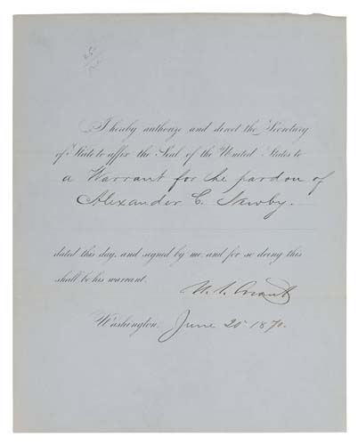 Appraisal: PRESIDENTIAL PARDON GRANT ULYSSES S Partly-printed Document Signed U S