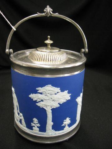 Appraisal: Wedgwood Dark Blue Jasperware Biscuit Jar classical scenes maiden cherubs