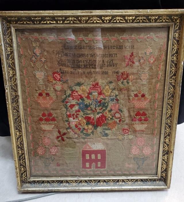 Appraisal: Antique needlepoint sampler verse worked by Anna Maria Armstrong in