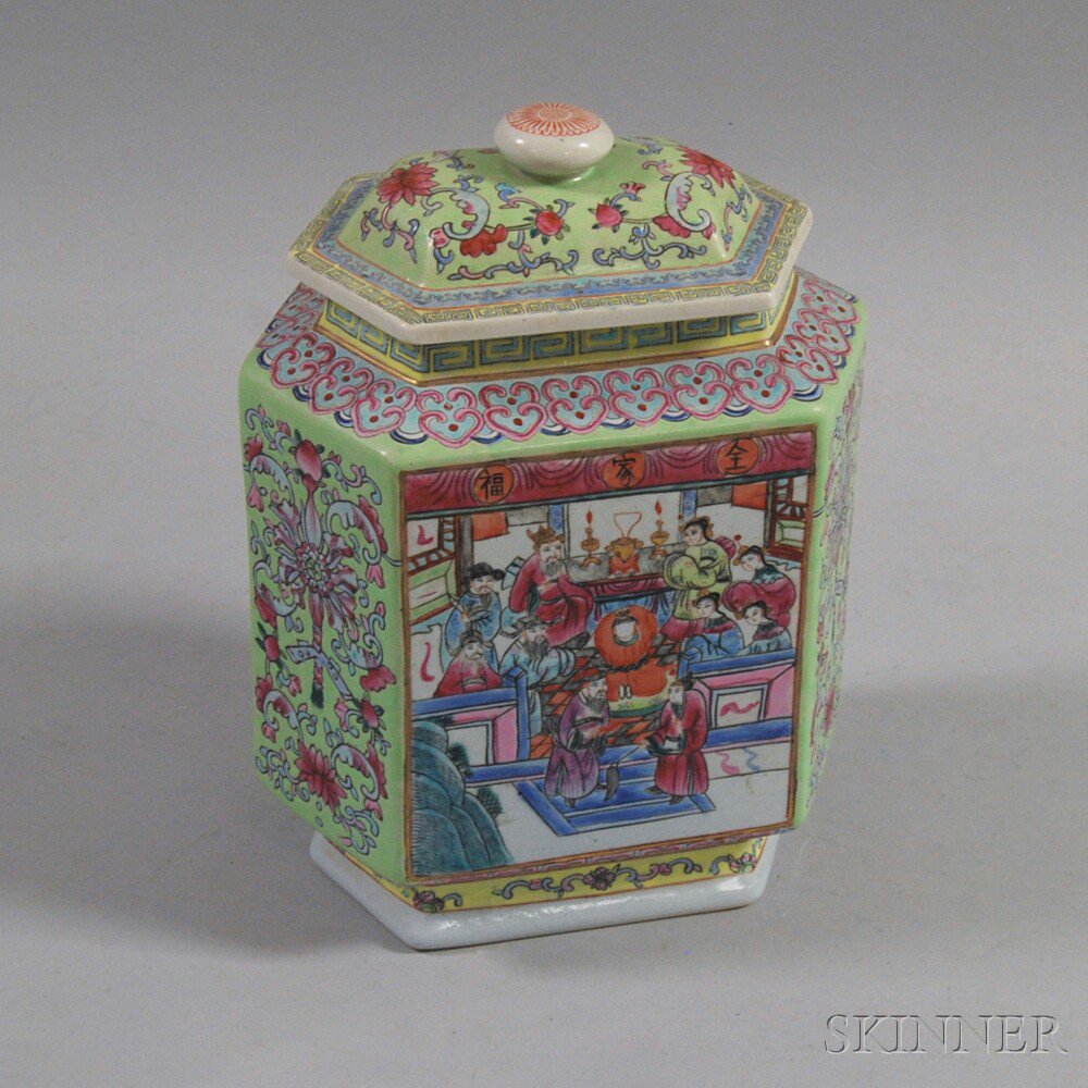 Appraisal: Chinese Famille Rose Covered Jar Republic Period flattened hexagonal form