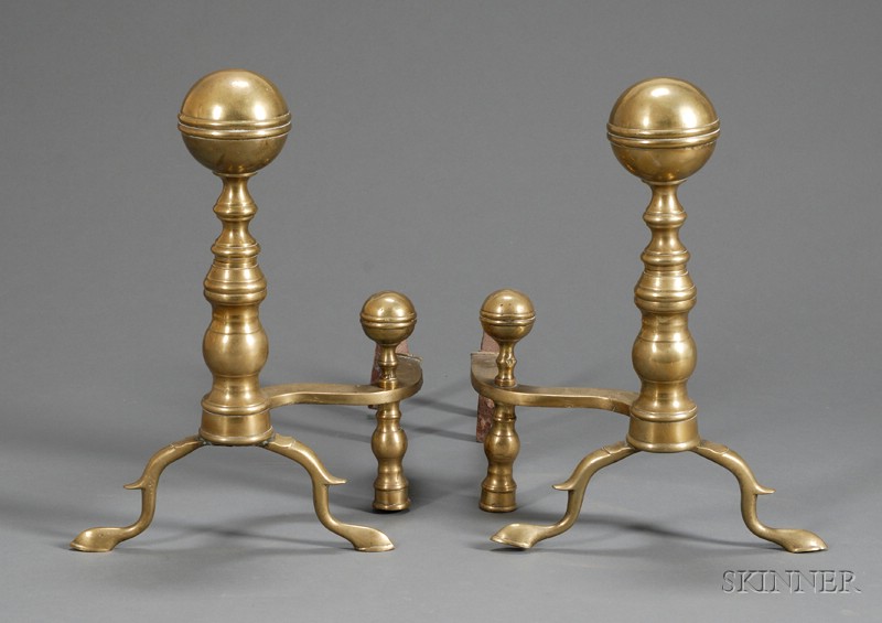 Appraisal: Pair of Brass and Iron Ball-top Andirons Boston c belted