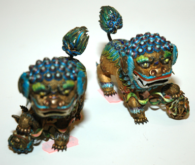 Appraisal: PAIR CHINESE SILVER ENAMEL TEMPLE LIONS