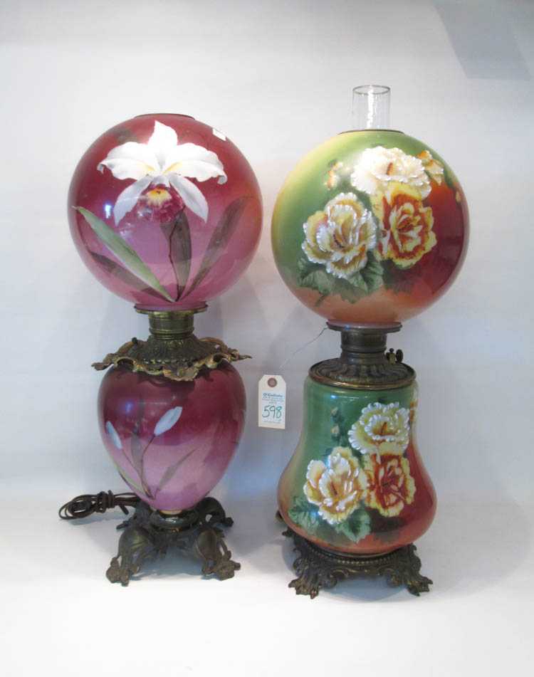 Appraisal: TWO HAND PAINTED GONE WITH THE WIND STYLE LAMPS having