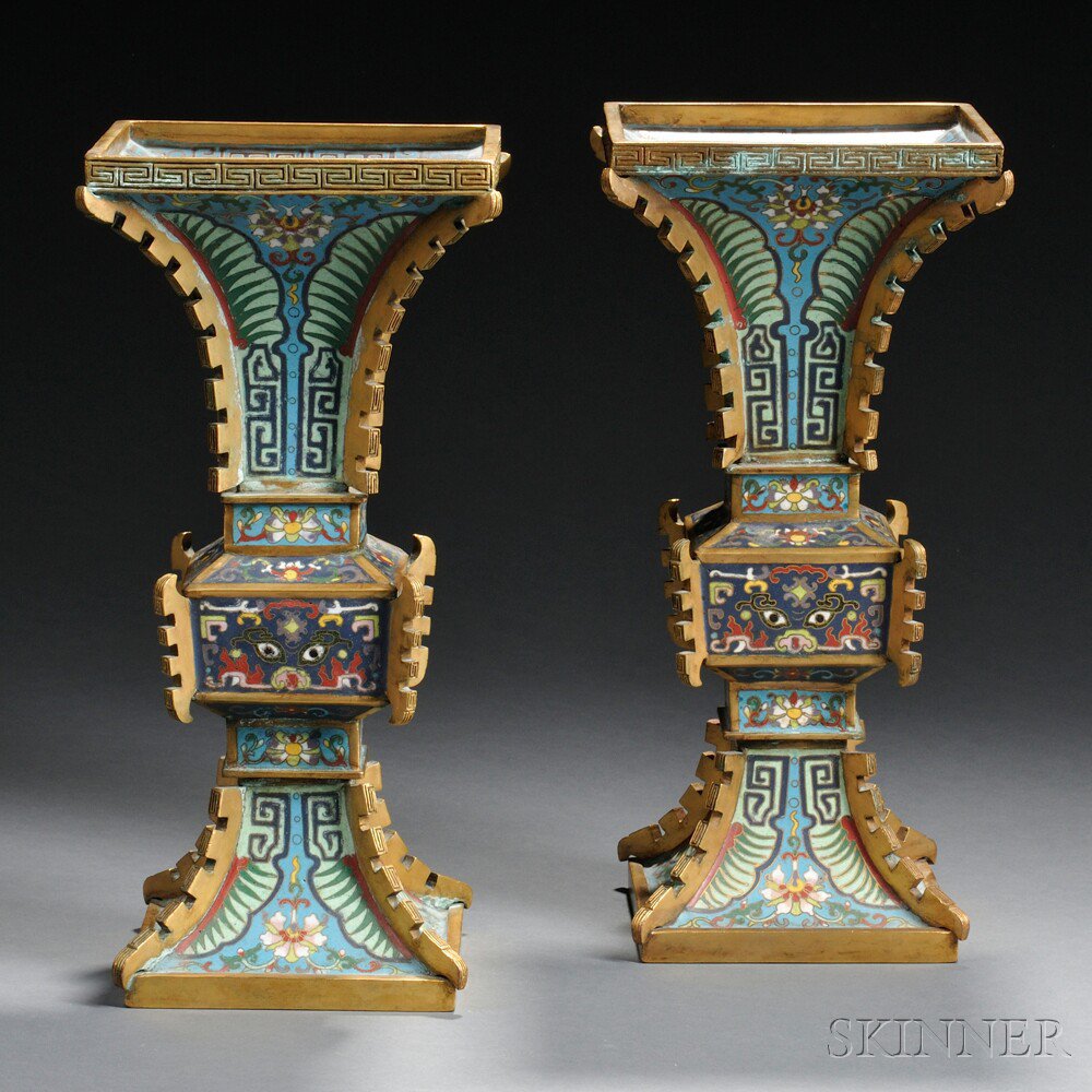 Appraisal: Pair of Cloisonne Gu Vases China th th century decorated