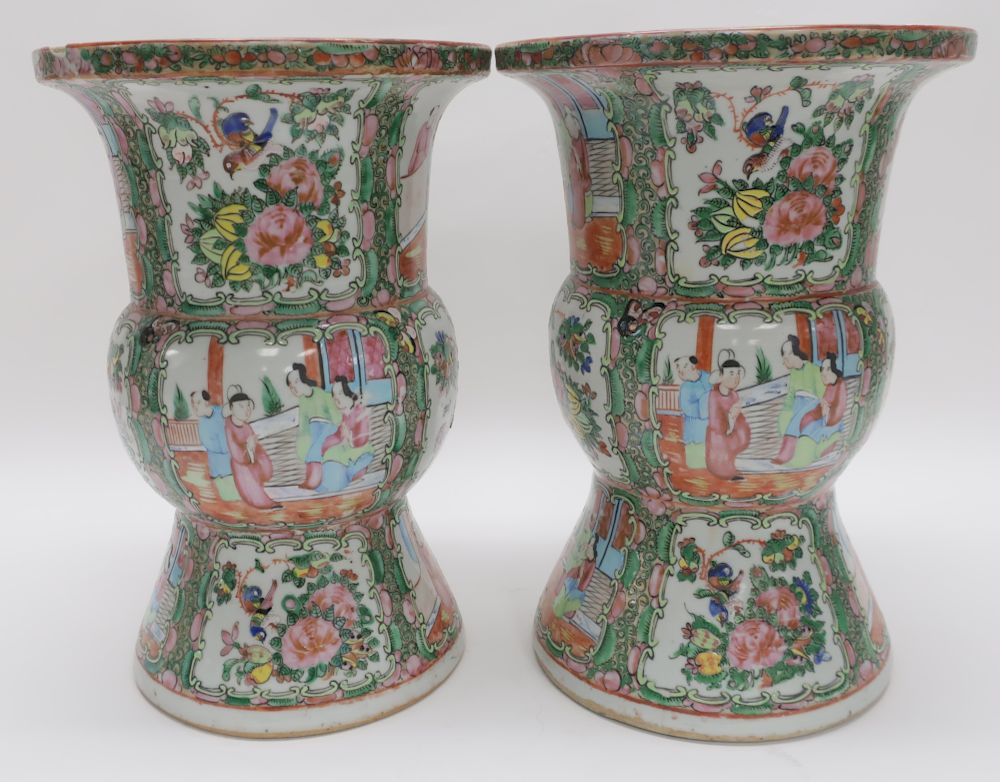 Appraisal: Pair of Rose Medallion Gu Form Vases th C H