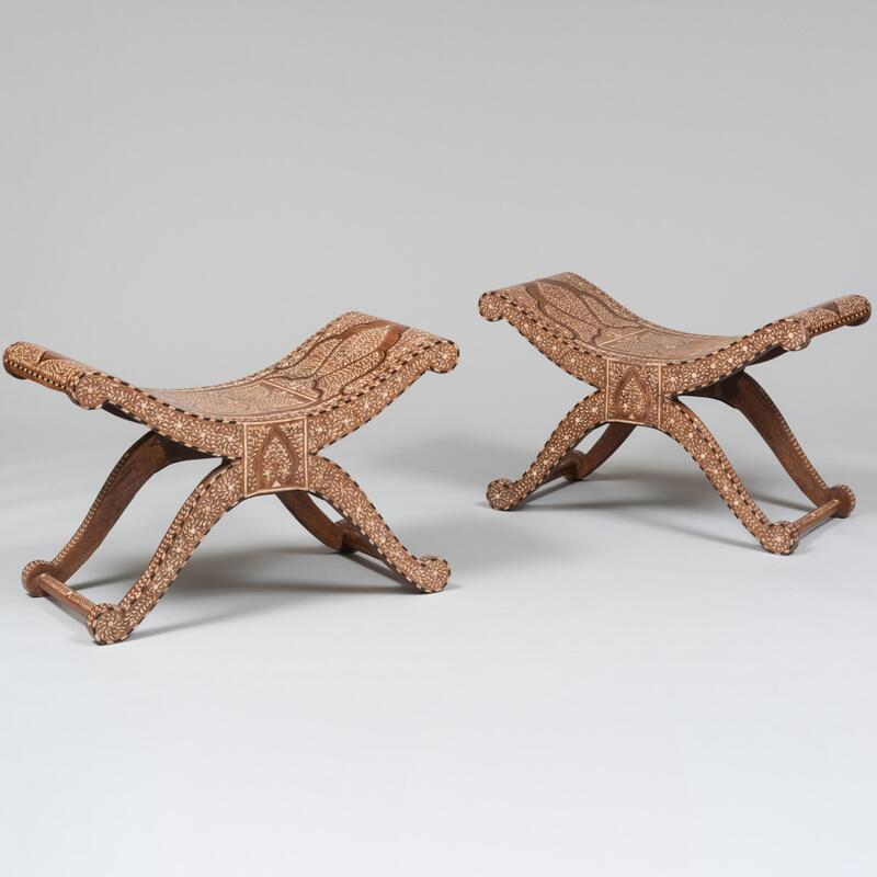 Appraisal: Pair of Indian Bone Inlaid Curule Stools Udaipur x x